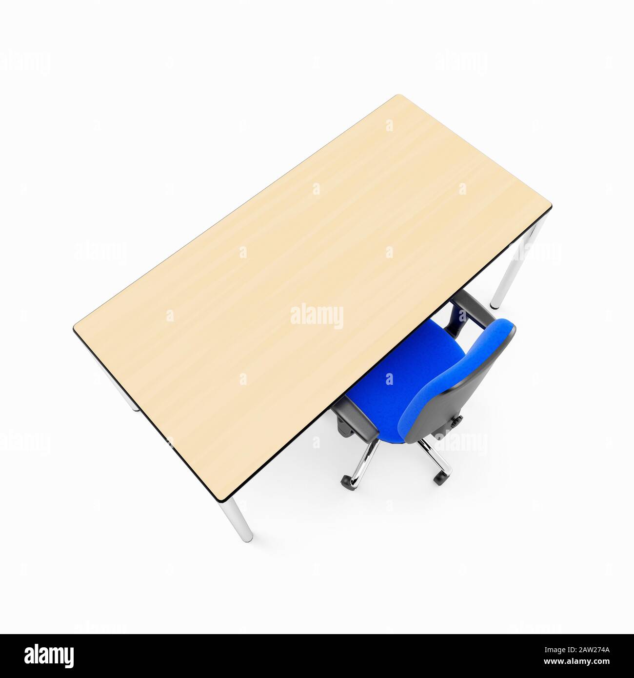 Una sedia da ufficio blu di base e una scrivania vuota Foto Stock