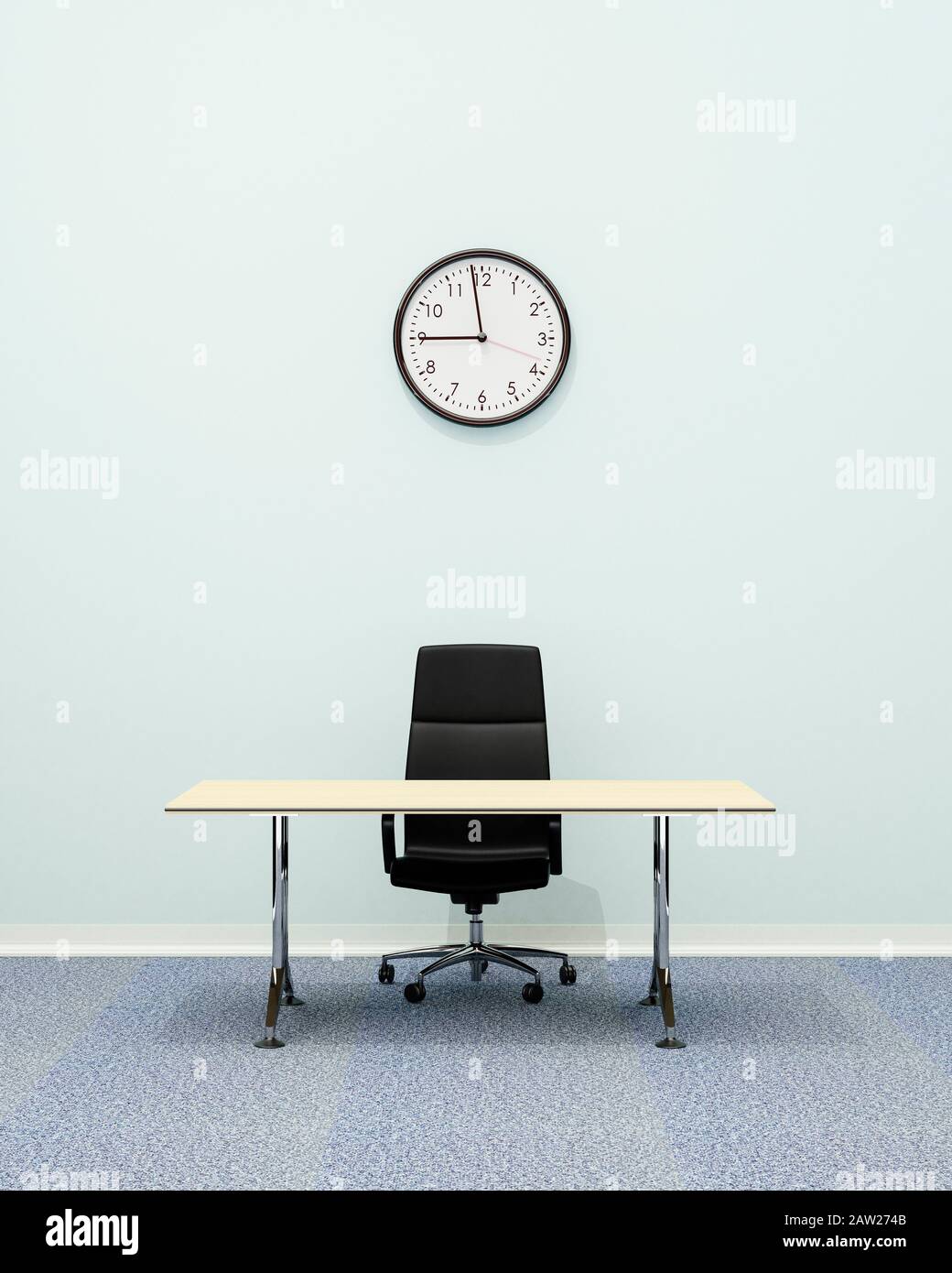 Interni per ufficio, sedia da ufficio executive in pelle e scrivania vuota con orologio a parete per 9am Foto Stock