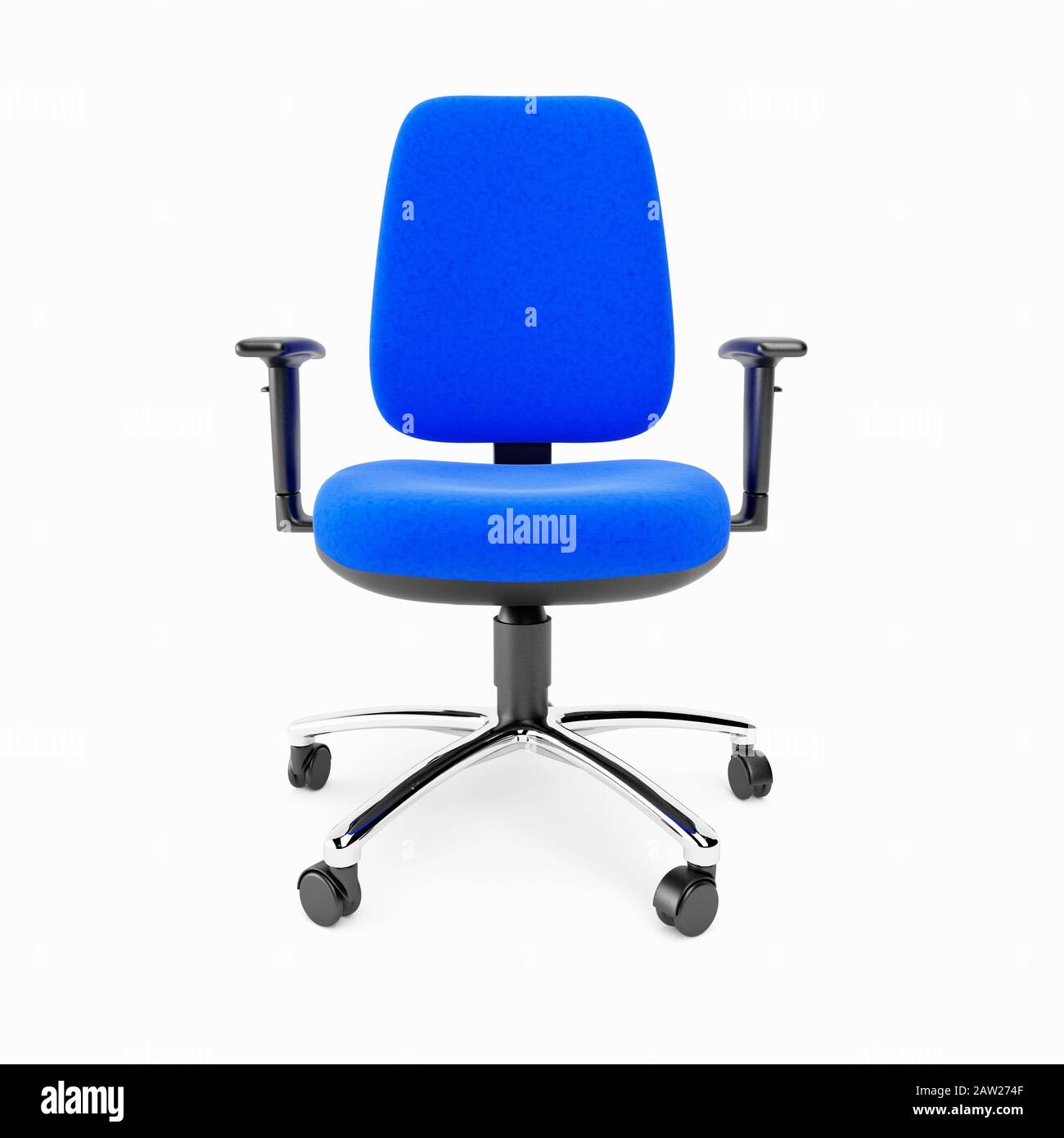 Una sedia da ufficio blu di base su sfondo bianco Foto Stock