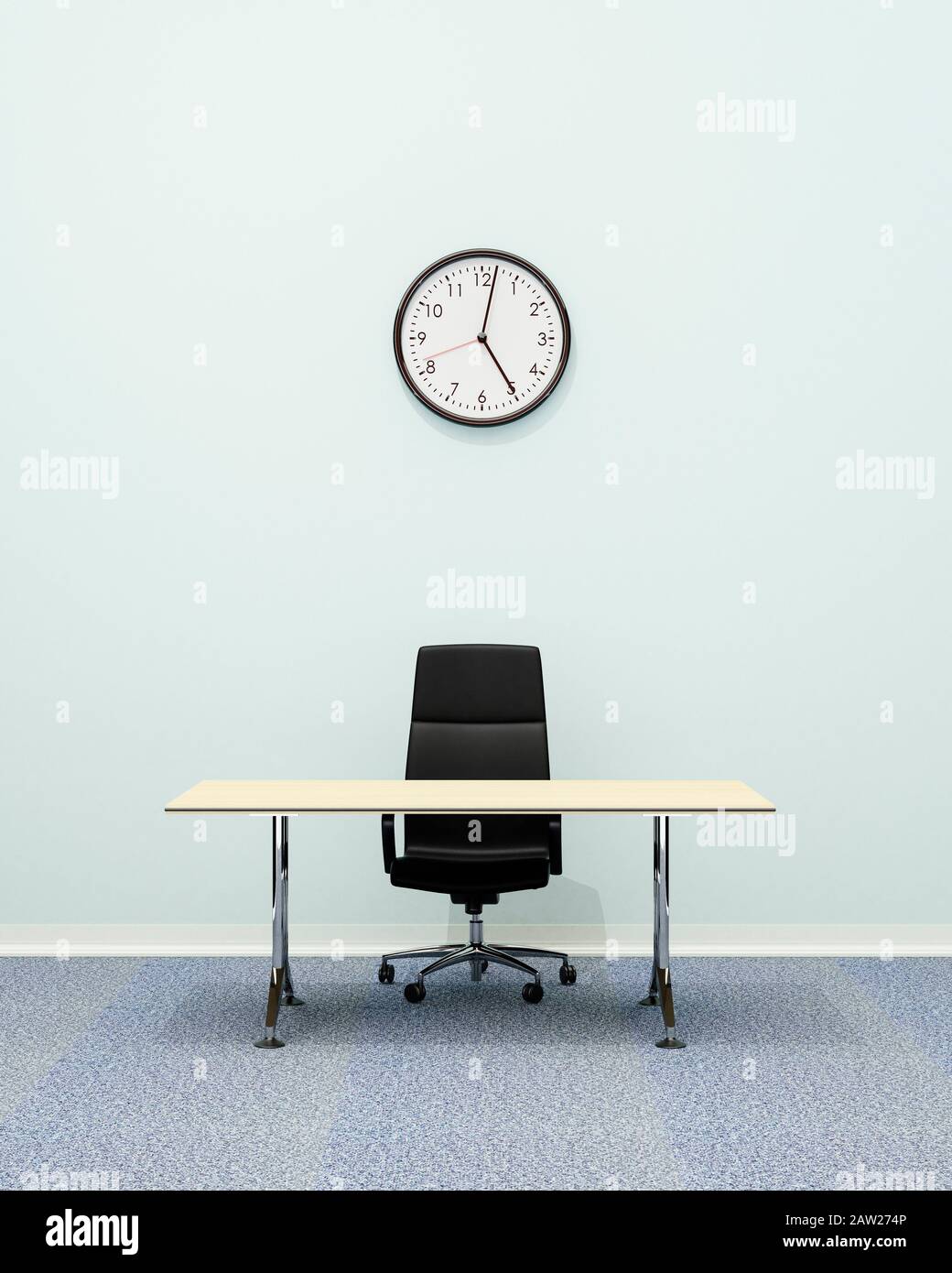 Interni per ufficio, sedia da ufficio executive in pelle e scrivania vuota con orologio a parete per 5pm Foto Stock