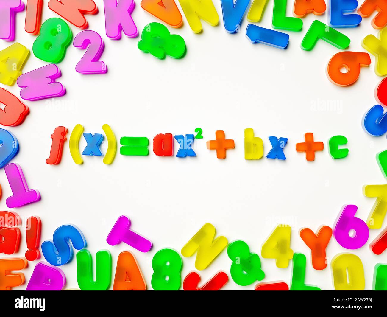 Magnete in plastica multi-colore del frigorifero alfabeto ortografia una formula matematica complessa Foto Stock