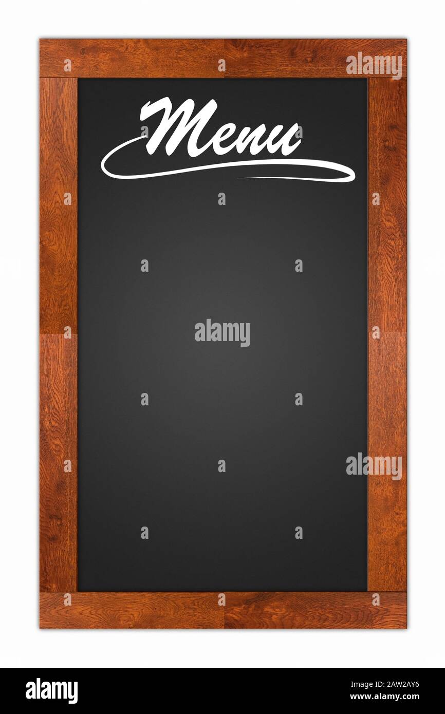 Menu scritto su una lavagna bianca con cornice in legno isolata su sfondo bianco Foto Stock