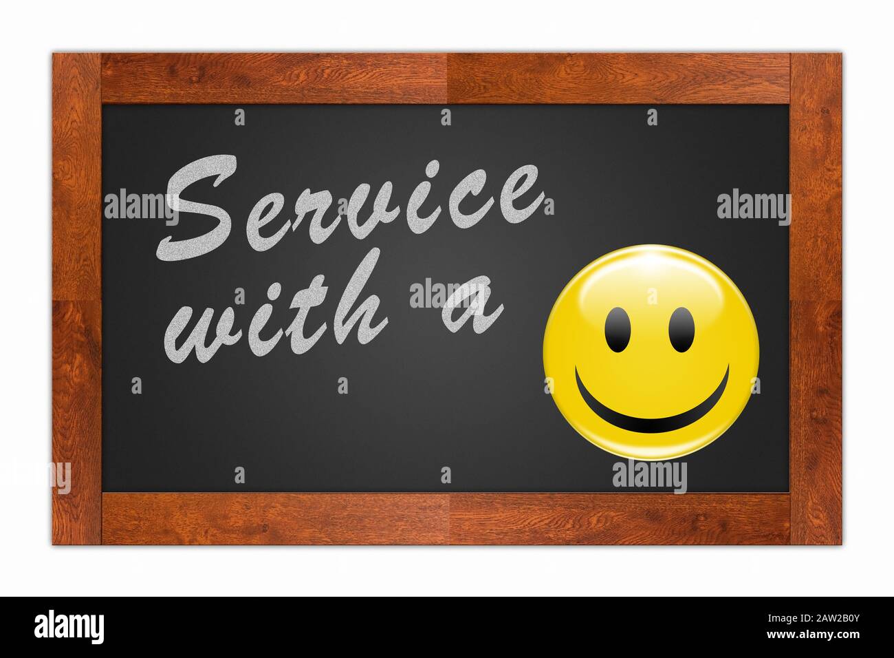 "Service with a Smile" scritto con gesso su una lavagna in legno Foto Stock