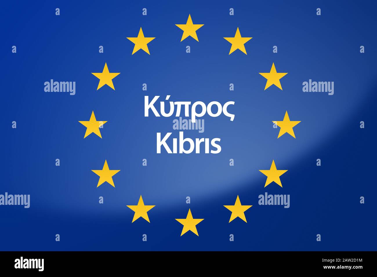 Illustrazione della bandiera dell'Unione europea, etichettata con Cipro Foto Stock