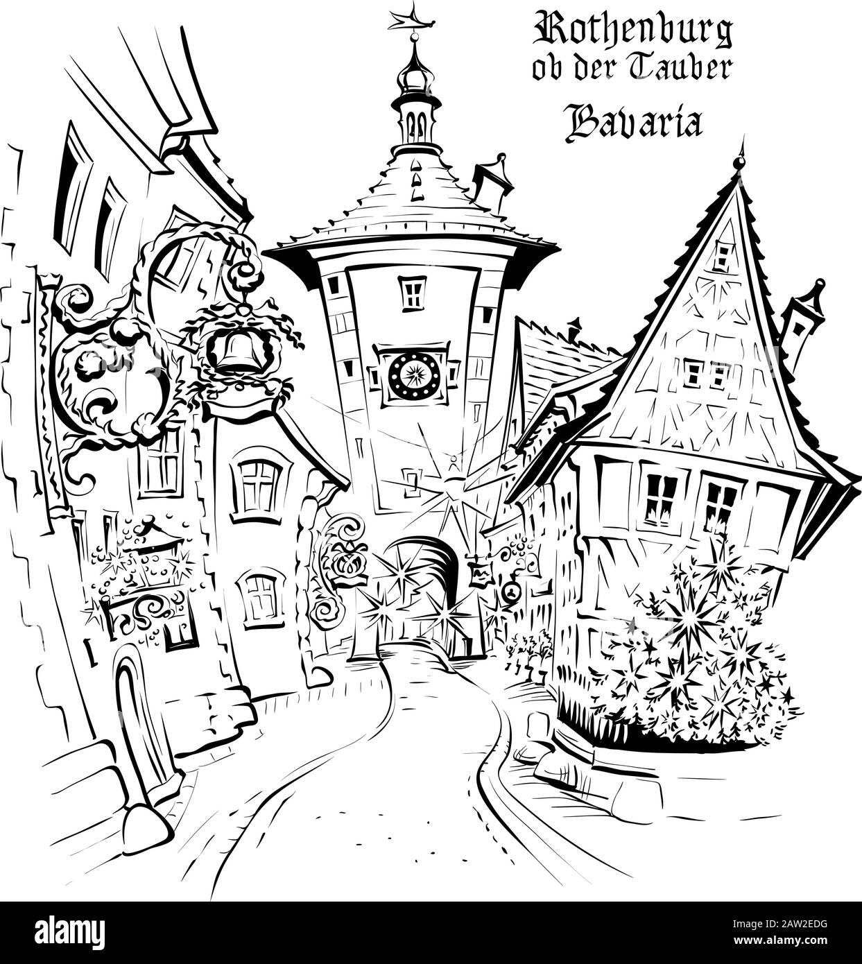 Disegno vettoriale di Christmas Plonlein nel centro storico medievale di Rothenburg ob der Tauber, Baviera, parte della strada Romantica attraverso la Germania meridionale Illustrazione Vettoriale