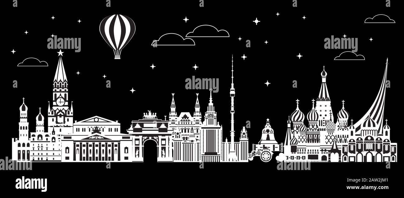 Panoramica illustrazione vettoriale dei punti di riferimento di Mosca, Russia. City skyline Vector Illustrazione in bianco e nero isolato su sfondo nero. Illustrazione Vettoriale