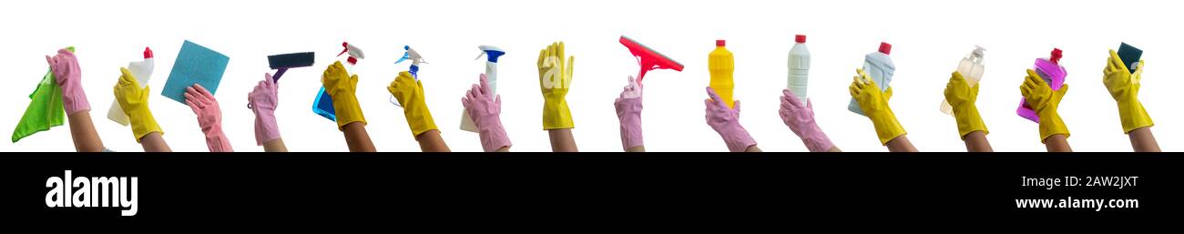 Pulizia, prodotti e accessori per la pulizia delle mani isolati su sfondo bianco. Guanto in gomma con materiale di pulizia collage. Foto Stock