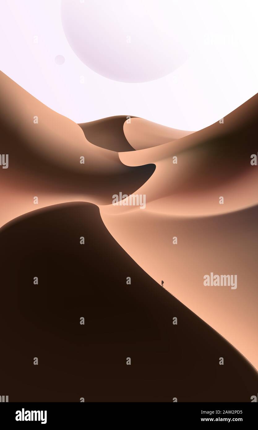Un'illustrazione vettoriale della scena di fantascienza di un essere umano sta camminando nel deserto su un altro pianeta da qualche altra parte nell'universo. Illustrazione Vettoriale