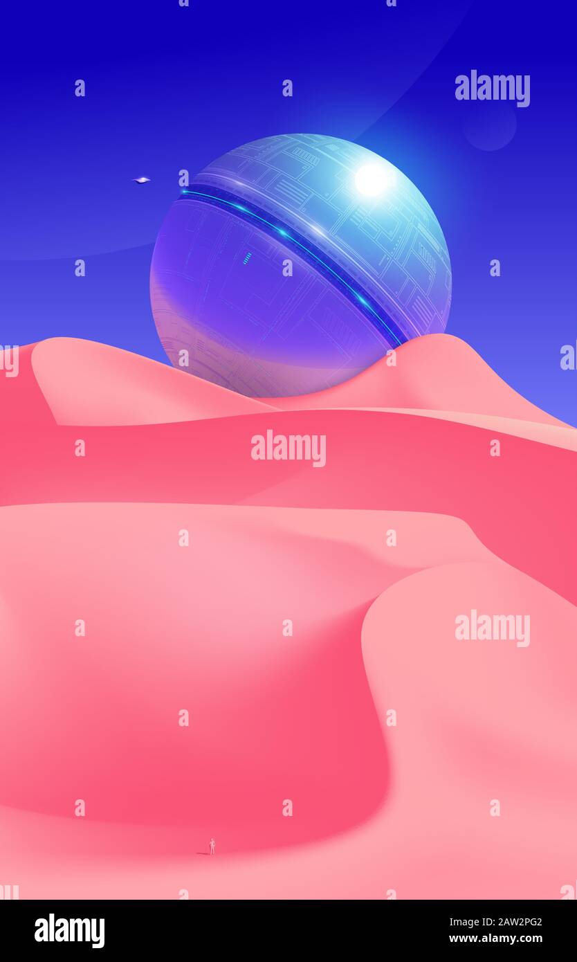 Un'illustrazione vettoriale della scena fantascientifica di una nave aliena distrutta o sul pianeta desertico da qualche parte nell'universo. Illustrazione Vettoriale