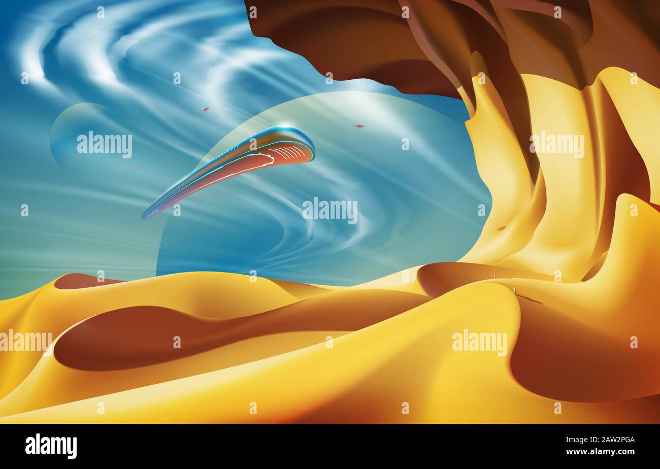 Un'illustrazione vettoriale della scena fantascientifica nell'arte vettoriale che gli aerei volano sul deserto su un altro pianeta. Illustrazione Vettoriale