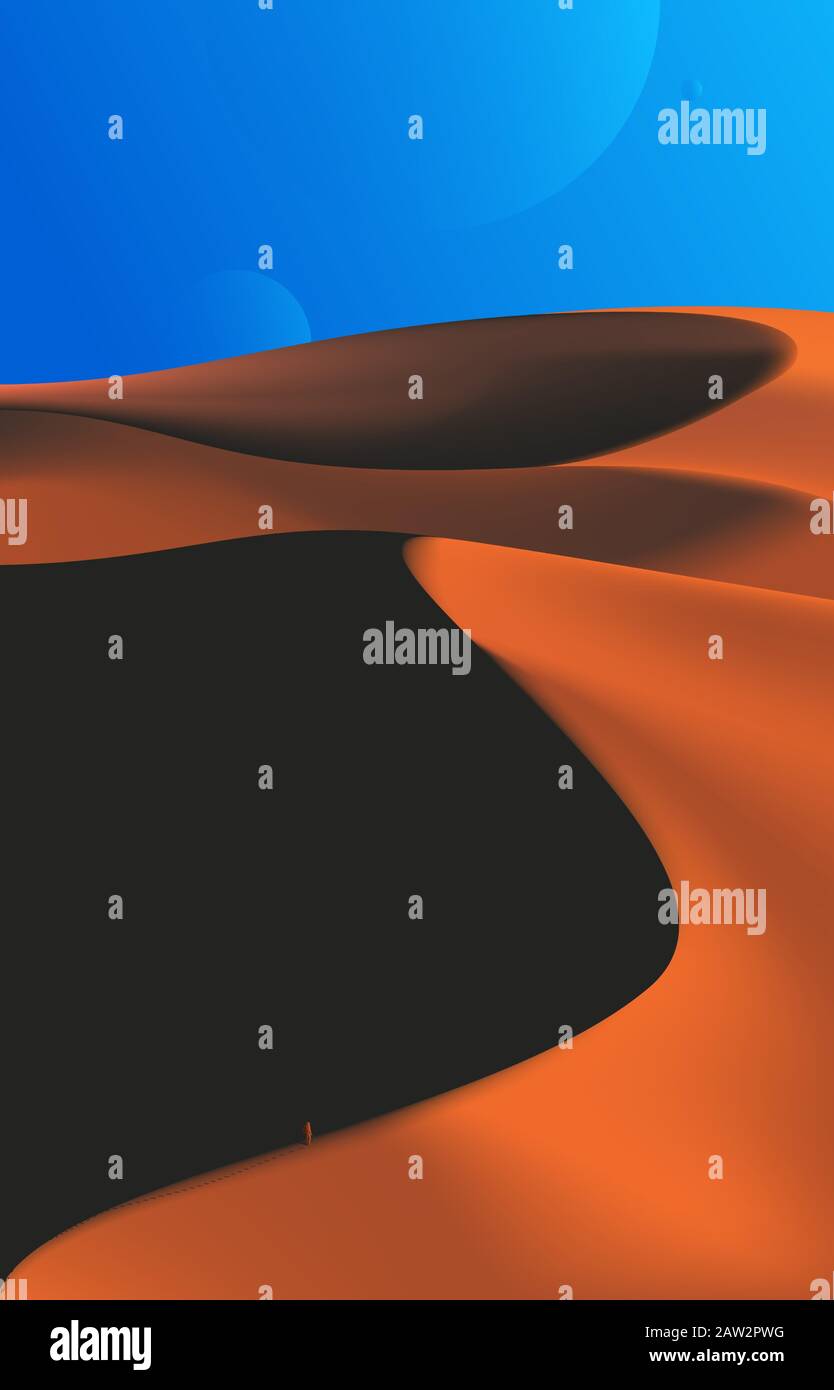 Un'illustrazione vettoriale della scena di fantascienza di un essere umano sta camminando nel deserto su un altro pianeta da qualche altra parte nell'universo. Illustrazione Vettoriale