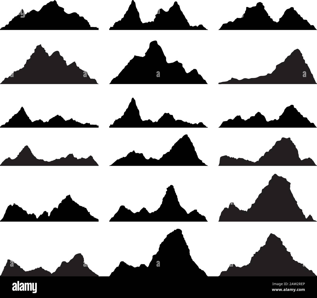set vettoriale di silhouette di montagna bianche e nere, bordo di fondo di montagne rocciose Illustrazione Vettoriale