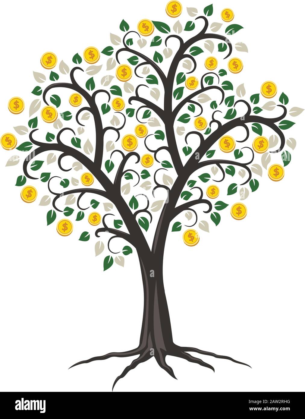 vettore money tree with golden coins as fruits. business growth finance illustrazione. simboli di investimento isolato su sfondo bianco. foglie di colore Illustrazione Vettoriale