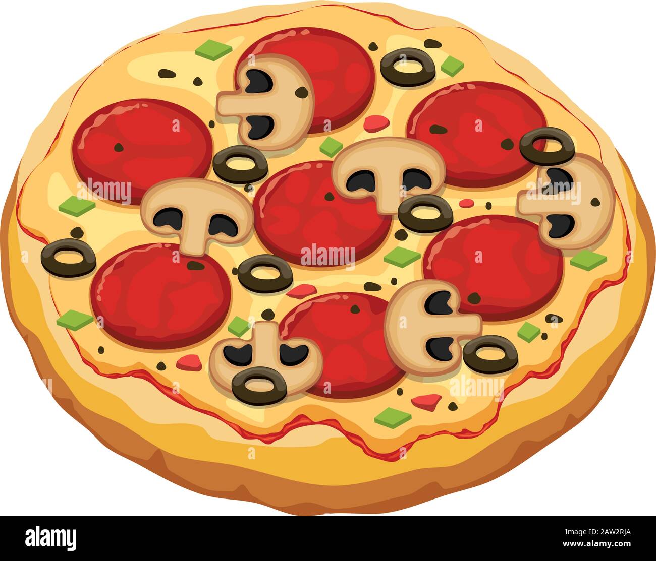 rappresentazione vettoriale della pizza italiana con ketchup, salumi, formaggio, funghi, olive e pepe. pizza isolata su fondo bianco. Illustrazione Vettoriale
