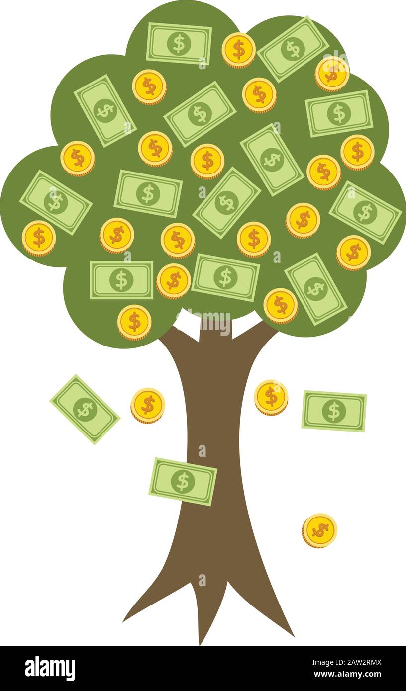vettore money tree with golden coins as fruits and dollars as green leaves. business growth finance illustrazione concetto. banca investimento o prestito symbo Illustrazione Vettoriale