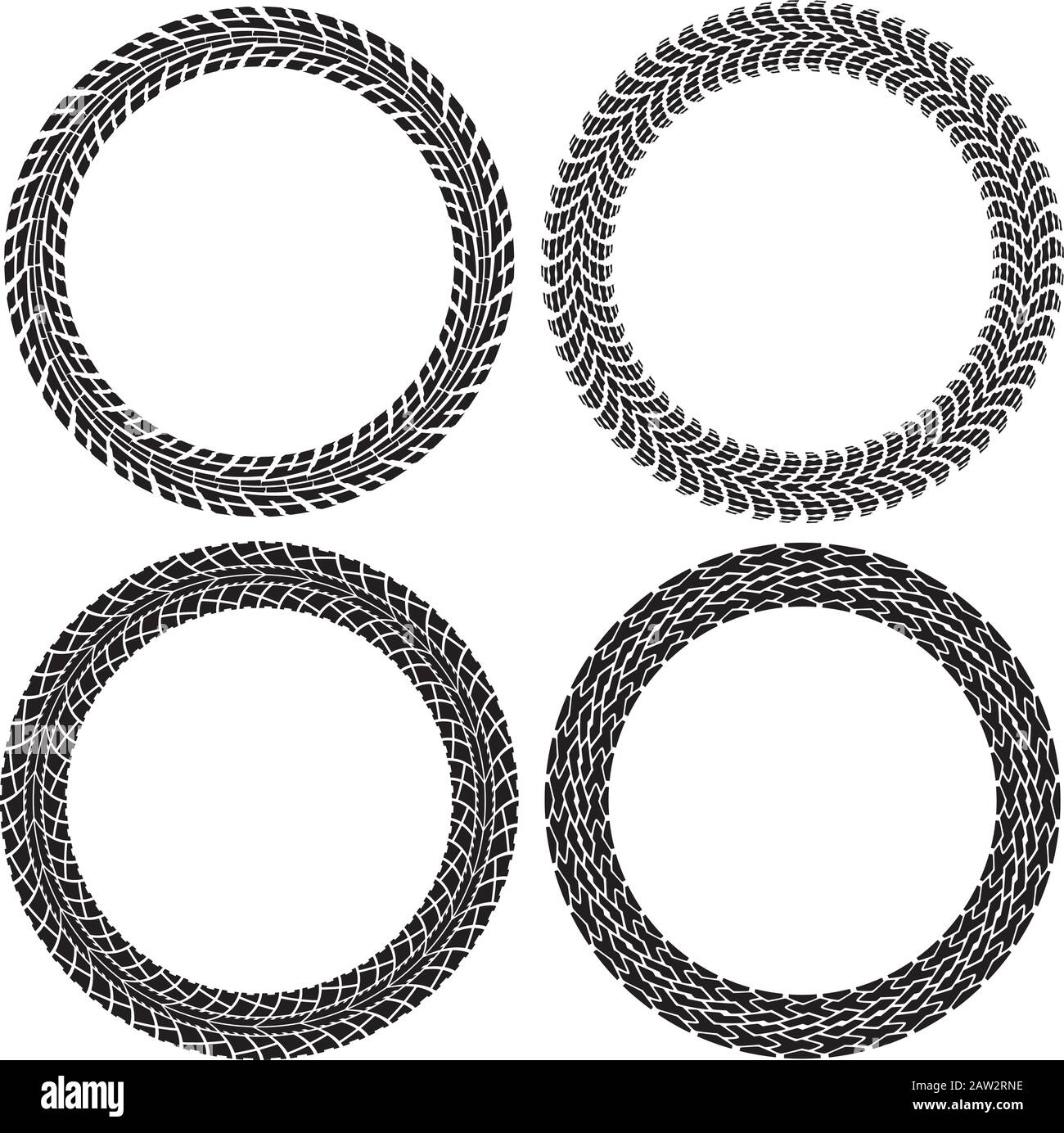 set vettoriale di tracce di pneumatici tondi. modelli di cerchi per auto e trattore. disegno di stampe di pneumatici e spazio di copia per il testo. illustrazione in bianco e nero Illustrazione Vettoriale