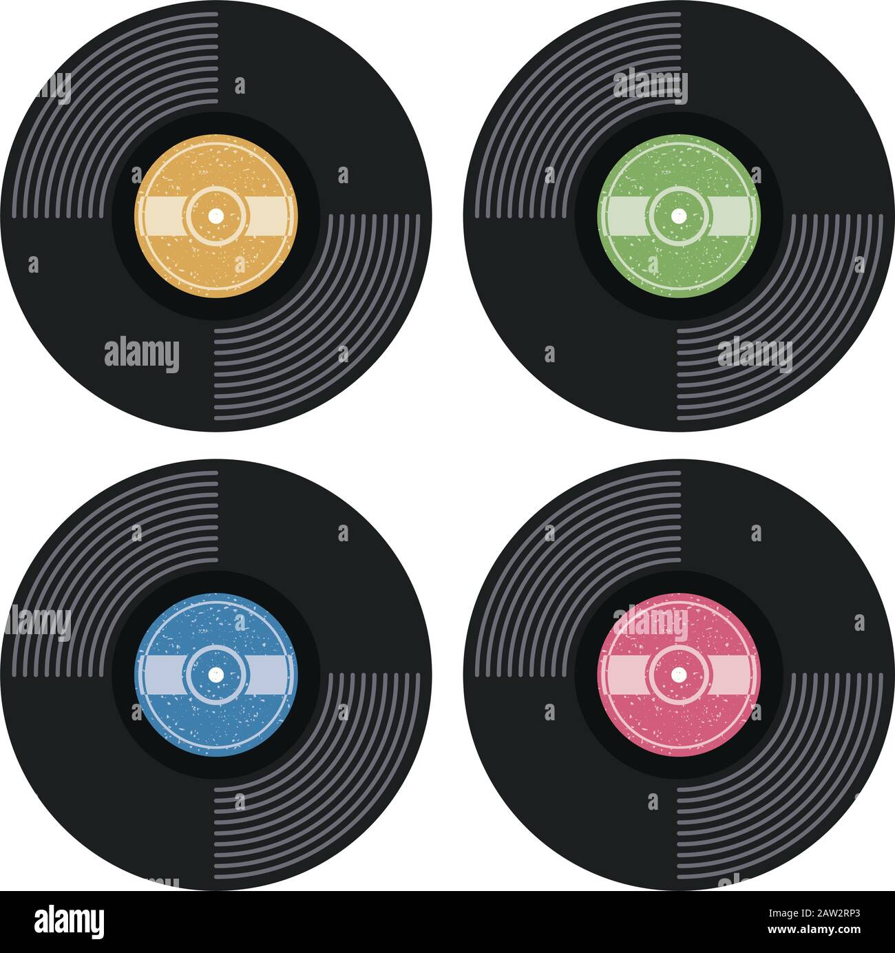 set vettoriale di musica retro vinile disco icone piatte. grunge simboli di dischi in plastica isolato su sfondo bianco Illustrazione Vettoriale