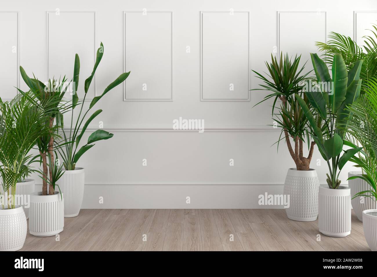 3D render Interior design centrale copia spazio con piante tropicali su entrambi i lati Foto Stock