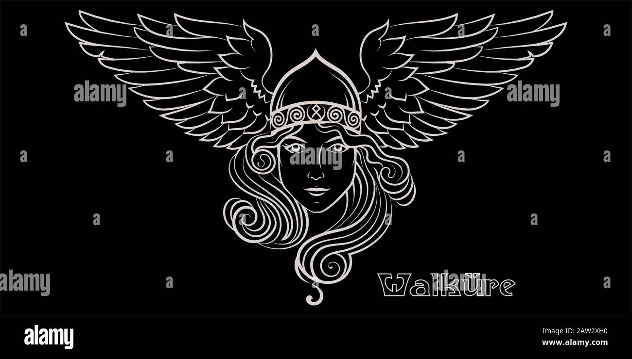 Viking Design. Valkyrie in un casco alato. Immagine di Valkyrie, una donna guerriero della mitologia scandinava Illustrazione Vettoriale