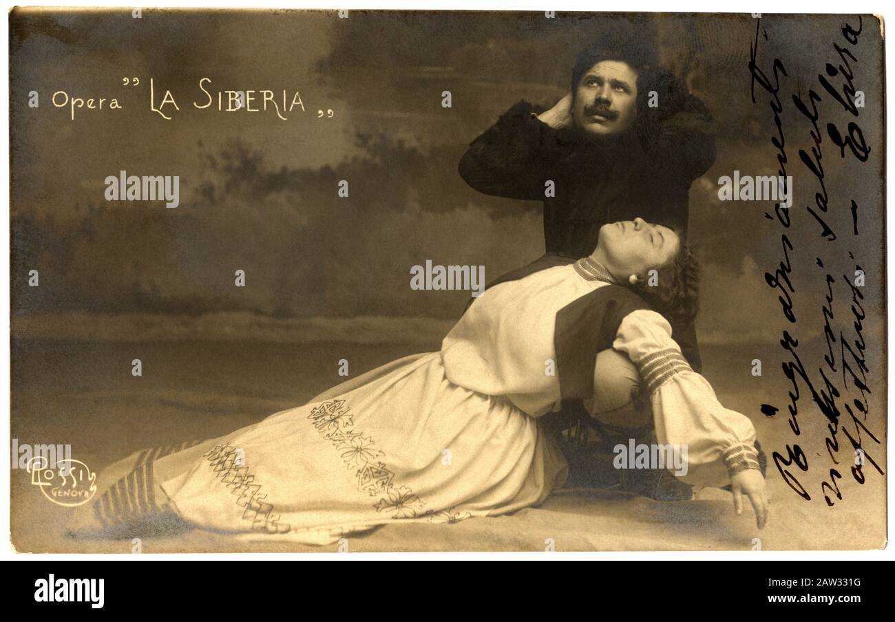 1903 , Genova , ITALIA: Una cartolina con una scena dell'Opera LA SIBERIA del celebre compositore di musica italiana UMBERTO GIORDANO ( 1867 - 1948 ), con ROSINA Foto Stock