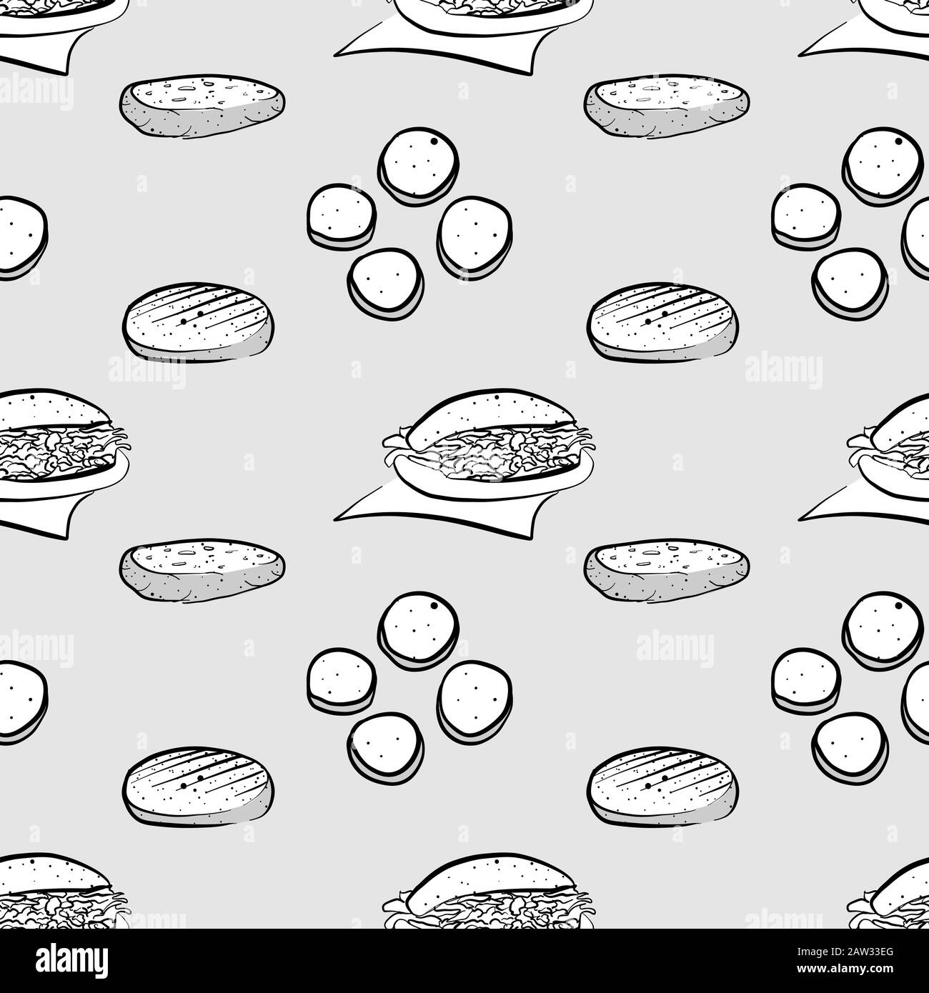 Disegno in scala di grigi con motivo continuo di arepa. Utilizzabile per carta da parati o decorazioni di qualsiasi dimensione. Illustrazione Del Vettore Disegnato A Mano Illustrazione Vettoriale