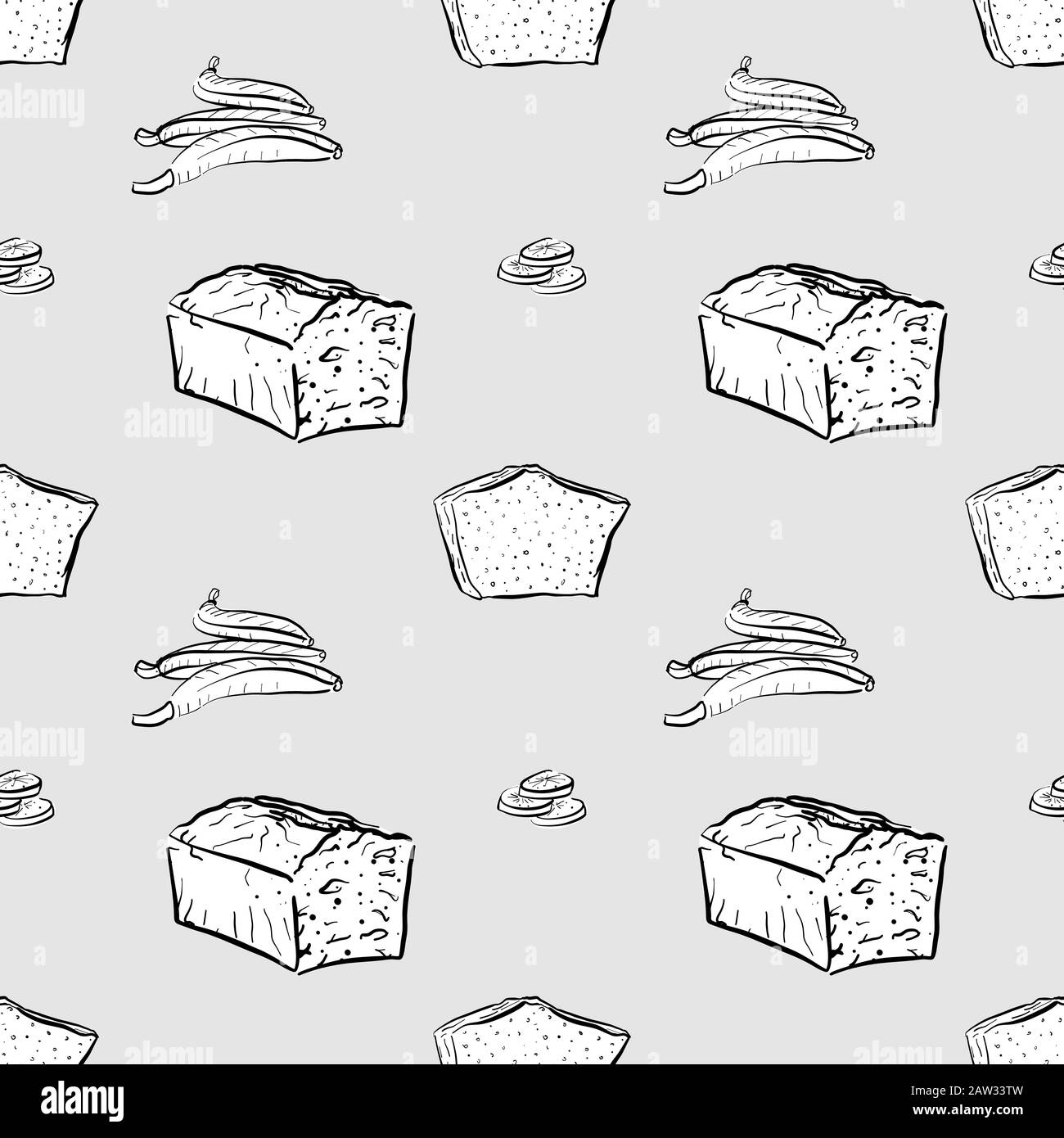 Disegno in scala di grigi con motivo senza giunture per pane a banana. Utilizzabile per carta da parati o decorazioni di qualsiasi dimensione. Illustrazione Del Vettore Disegnato A Mano Illustrazione Vettoriale