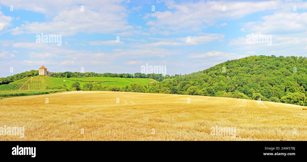 Paesaggio rurale panorama con castello Windeck - campo in primo piano, foresta e vigneto sullo sfondo Foto Stock