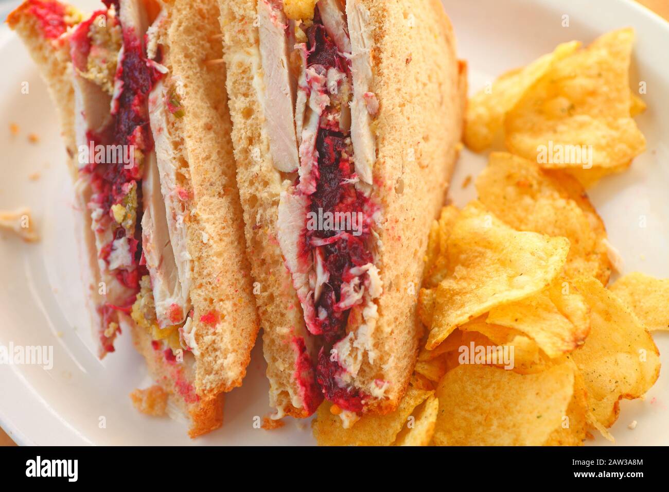 Sandwich made da ringraziamento avanzi di Turchia, salsa di mirtilli e ripieno con ripieno aromatizzato con patate fritte Foto Stock