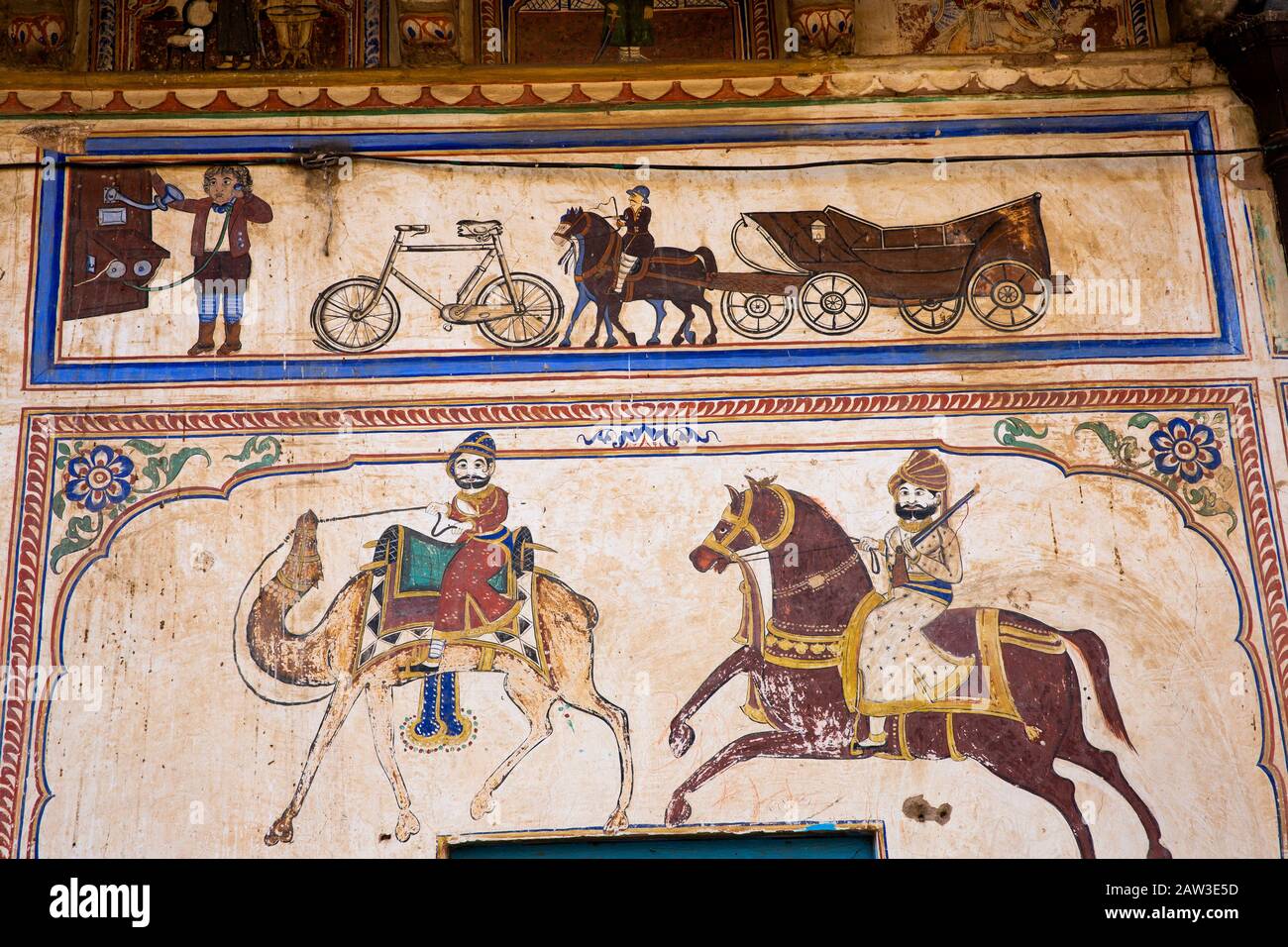 India, Rajasthan, Shekhawati, Mandawa, Binsidhar Newatia Haveli, murale di trasporto sulle pareti esterne della casa che illustra la vita nel 1921 quando fu costruita Foto Stock