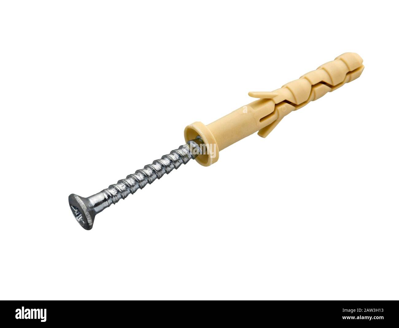 Vite in acciaio e tassello in plastica per fissaggio su parete in cemento isolato su sfondo bianco. Vite per attrezzi con perno. Parete della vite. Foto Stock