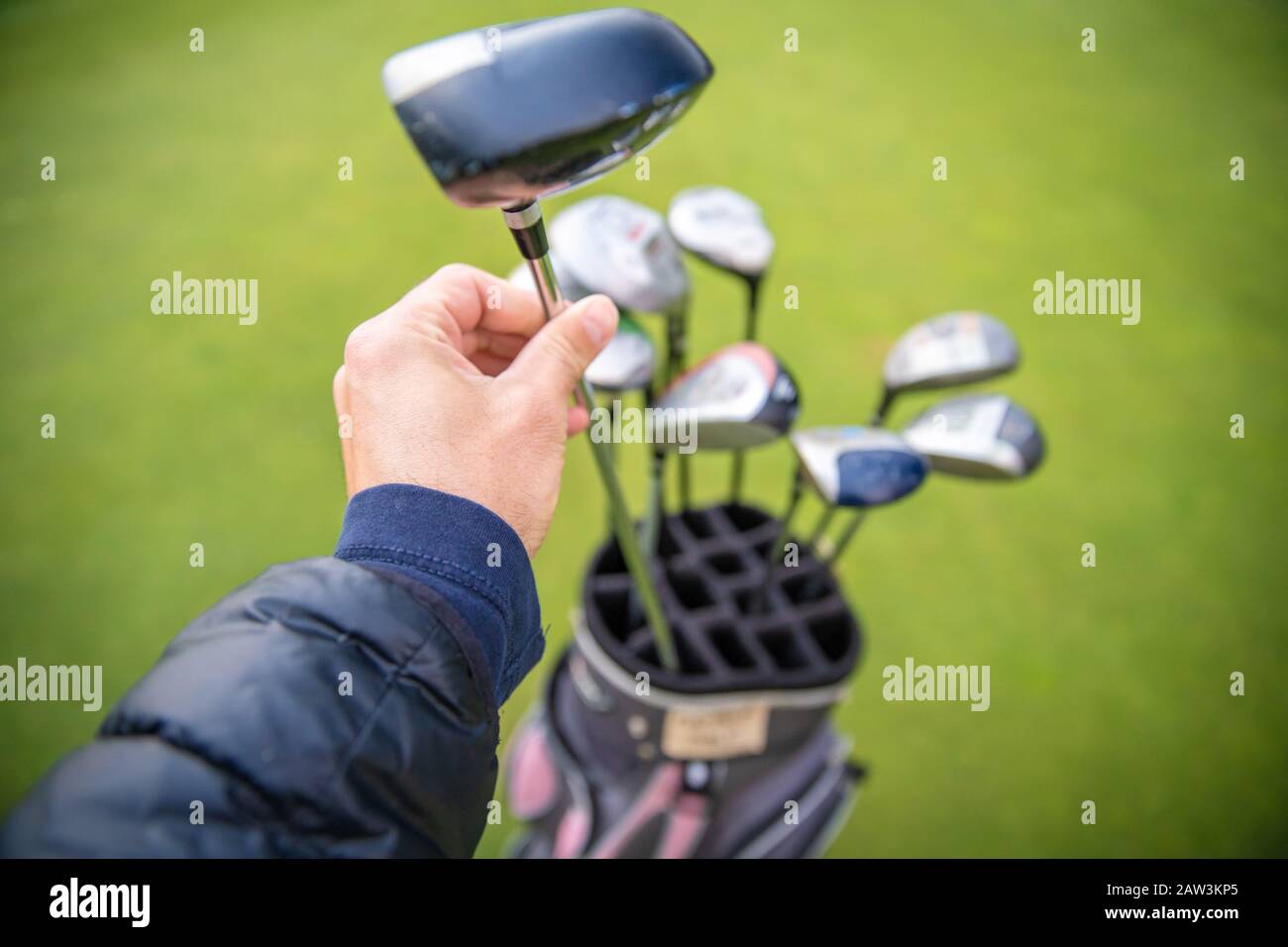 golf club professionali in borsa sul verde Foto Stock