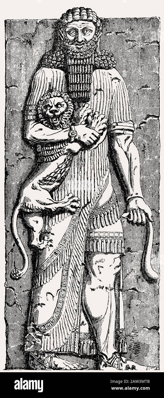 Gilgamesh, il maggiore eroe dell'antica mitologia mesopotamiana o Enkidu come Maestro Di Animali Foto Stock