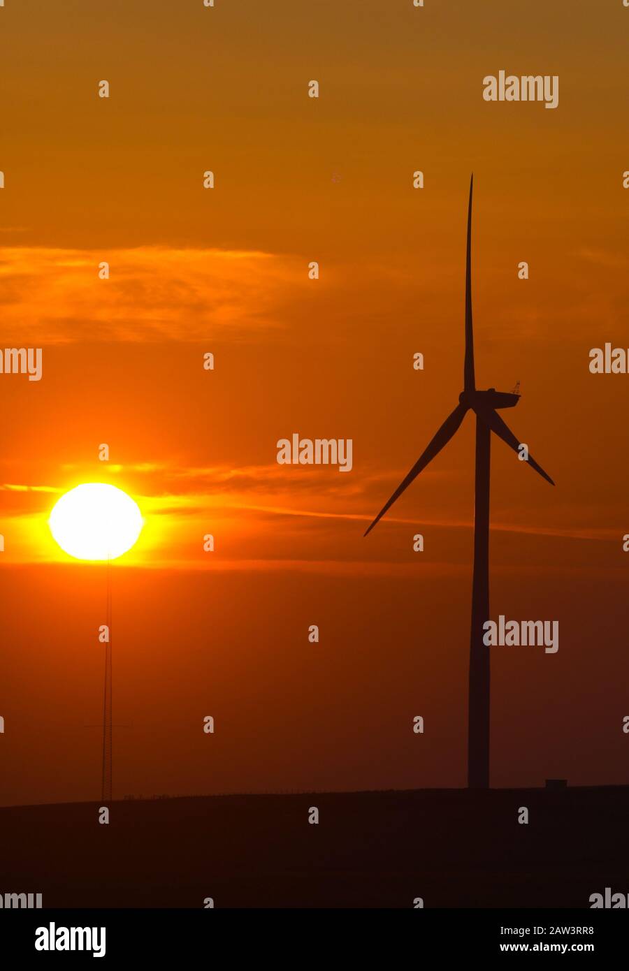 Swansea, Galles, Regno Unito. 6th febbraio 2020. UK Weather : un bel tramonto riempie il cielo di turbine eoliche rosse e sagome vicino a Swansea, Galles del Sud. Il Regno Unito ha goduto di una giornata invernale soleggiata e secca, Ma i previsori hanno avvertito di un tempo pesante per colpire il paese mentre Storm Ciara si muove dall'Atlantico prendendo una velocità fino a 80mph o più dal momento in cui tutto sommerge il paese il sabato e la domenica. Credito : Robert Melen/Alamy Live News. Foto Stock