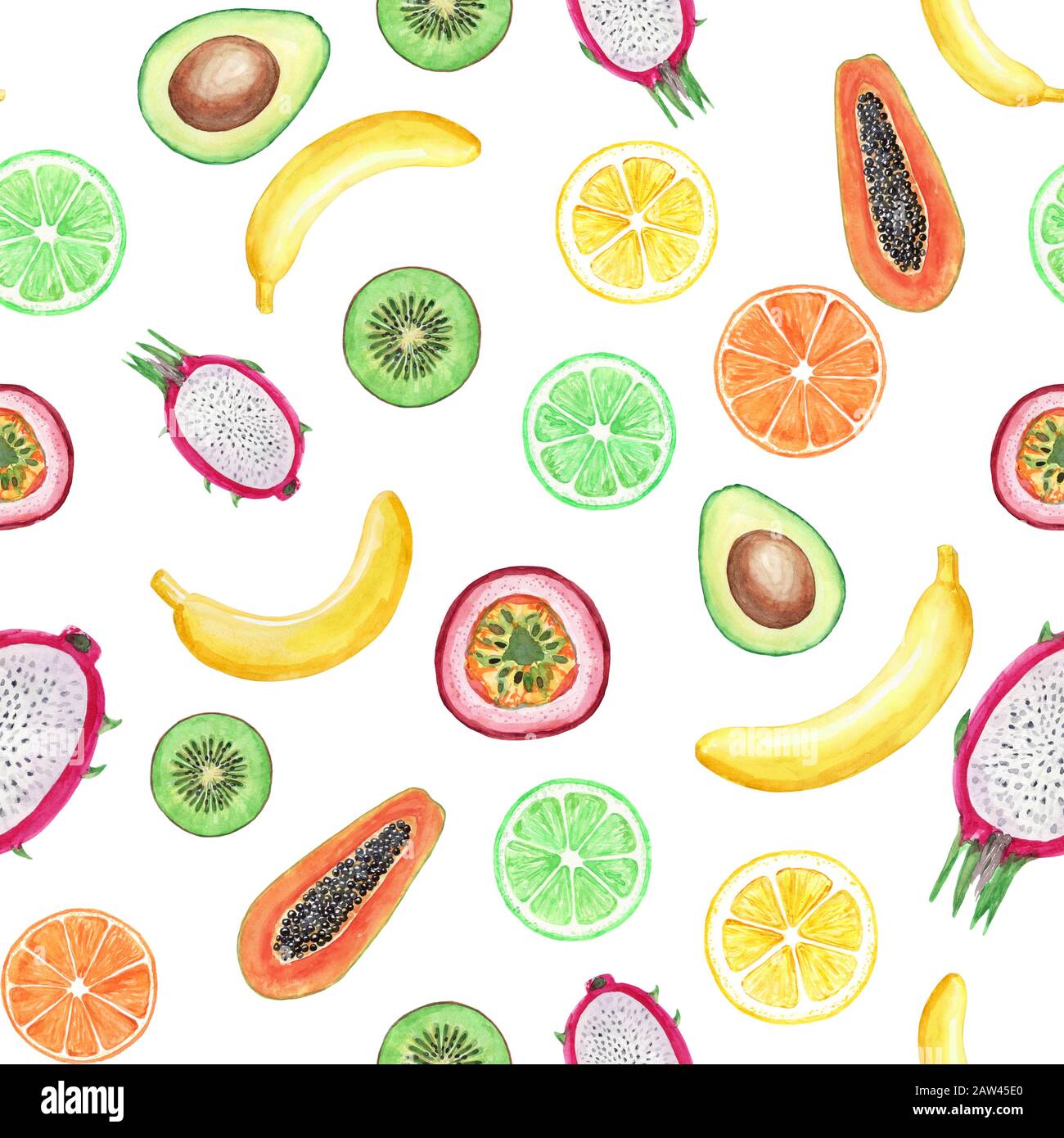 Modello senza cuciture con banane gialle, frutto della passione, papaia, limone, kiwi, pitahaya e lime. Frutti acquerelli carini. Brillante illustrazione della fru estiva Foto Stock