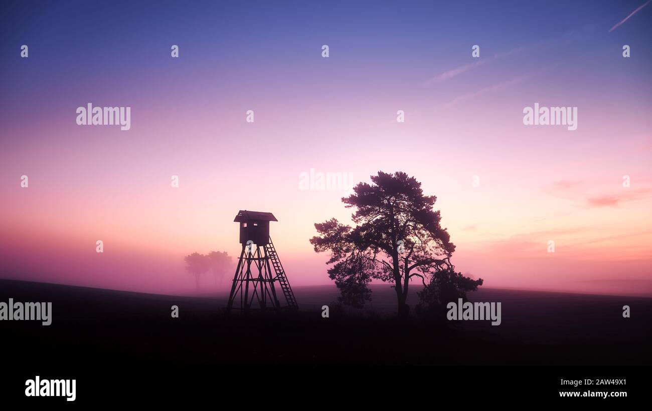 Paesaggio rurale con silhouette di osservazione o torre di caccia su un campo all'alba. Foto Stock