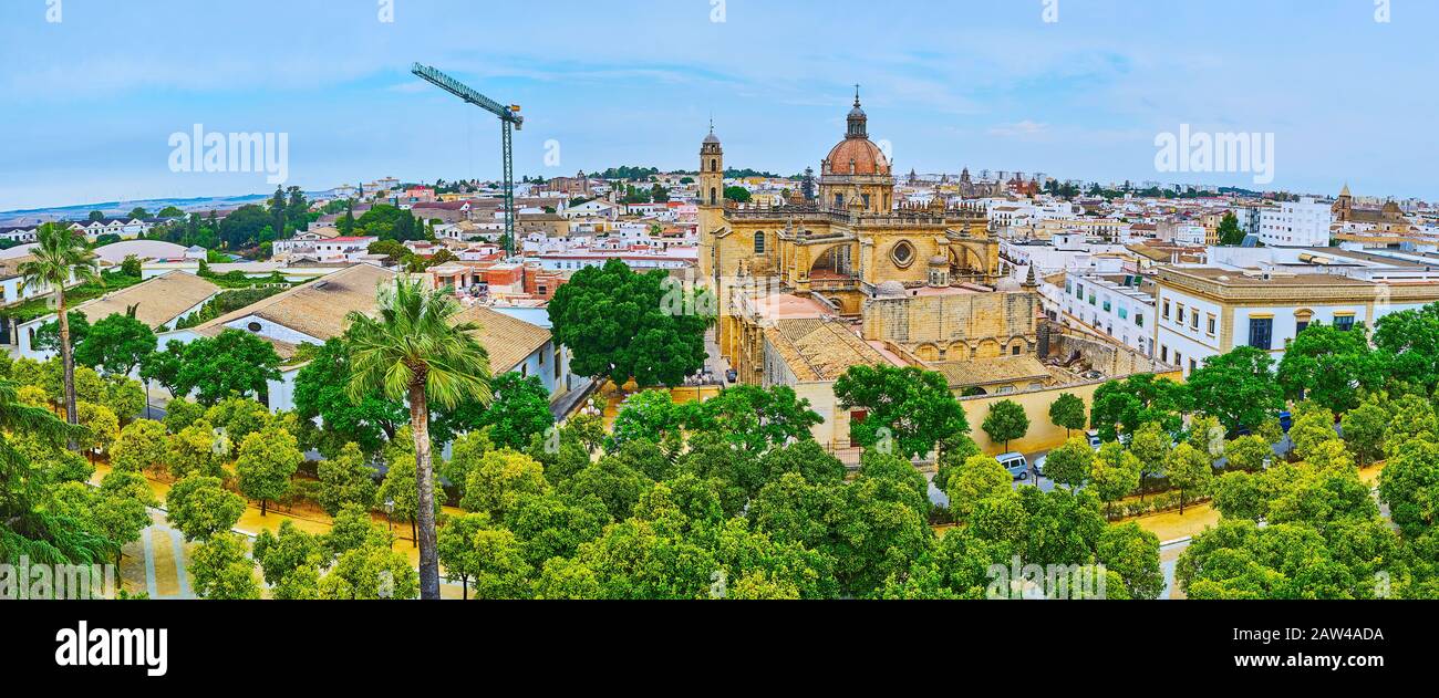 Veduta aerea della città vecchia di Jerez con il verde del parco di Plaza Monti, tetti in piastrelle di storiche cantine e l'eccezionale cattedrale gotica del Santo Salvatore, Spa Foto Stock