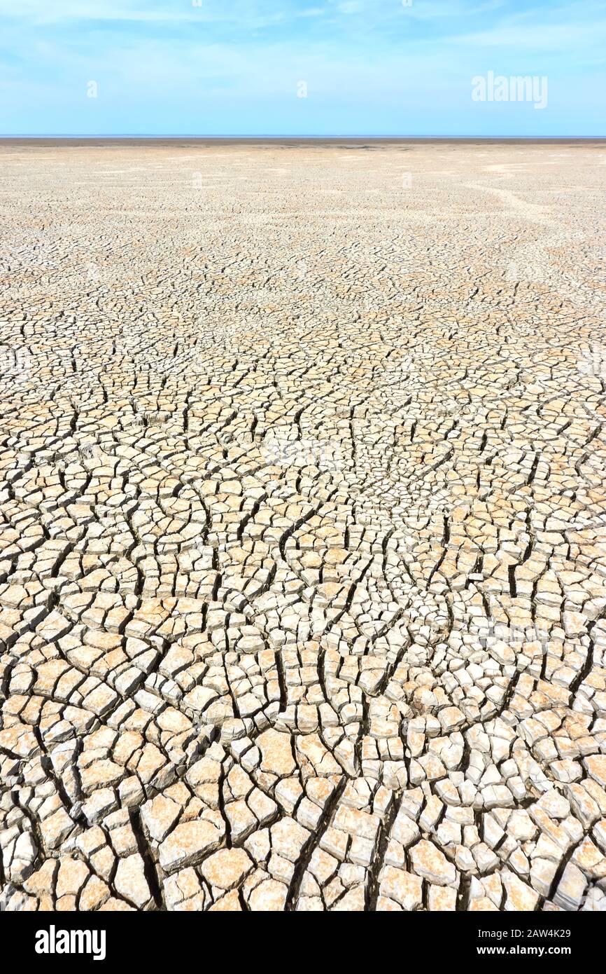 Paesaggio desolato con terreno spaccato sulla riva del mare. Marrone, beige, marrone chiaro e grigio. Concetto di riscaldamento globale. Immagine verticale. Foto Stock