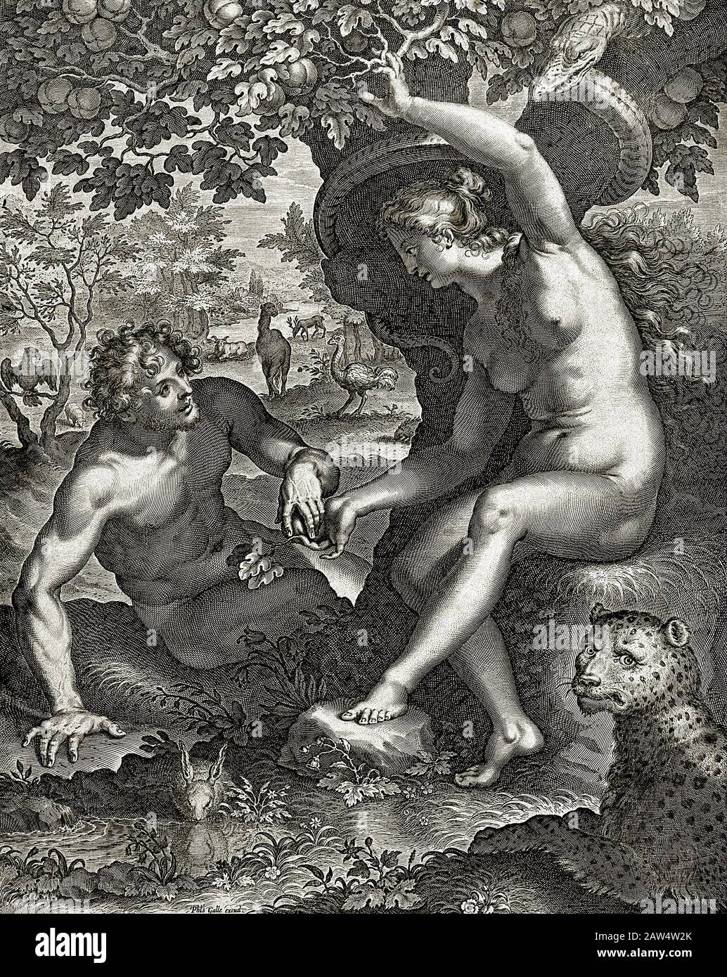 1600 ca , ITALIA : ' Nel Giardino dell' Eden , Eva offre ad Adamo la mela '. Incisione di linea di Cornelis Galle e Johannes Carolus Avria dopo l'origina Foto Stock