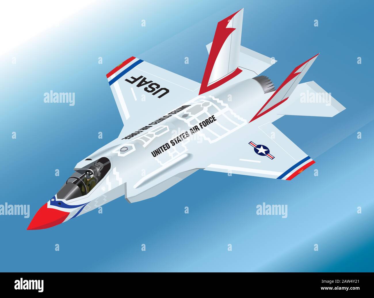 Illustrazione vettoriale isometrica dettagliata di un aereo F-35 Lightning II Fighter Jet in Thunderbirds Aerobatic Team Paint Scheme Illustrazione Vettoriale