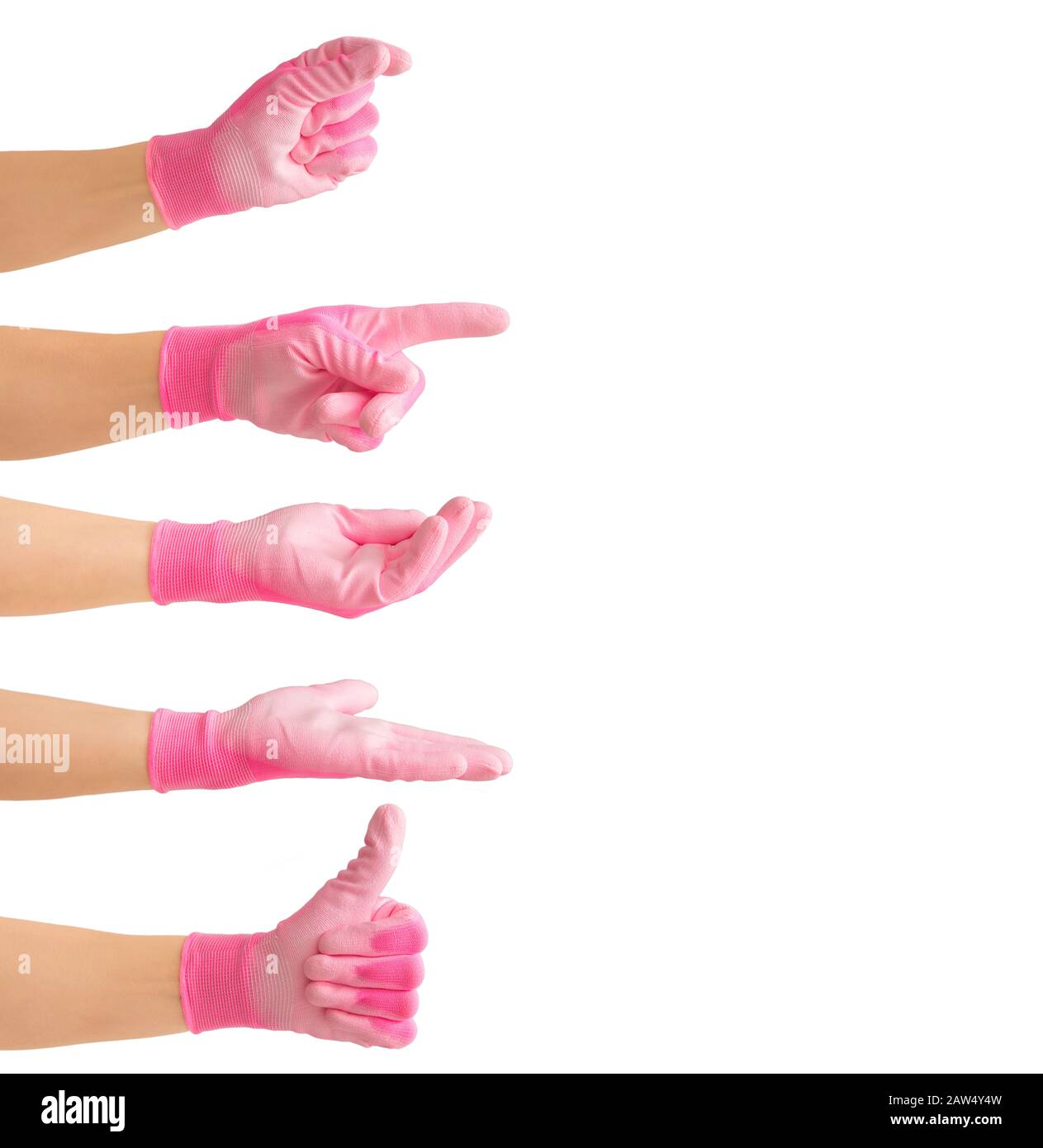 Molti gesti delle mani di donna diversi si conformano con guanto da lavoro rosa. Pollice su, OK, tenendo premuto, dito che punta, all'interno del palmo e sul palmo. Sfondo dell'annuncio c Foto Stock