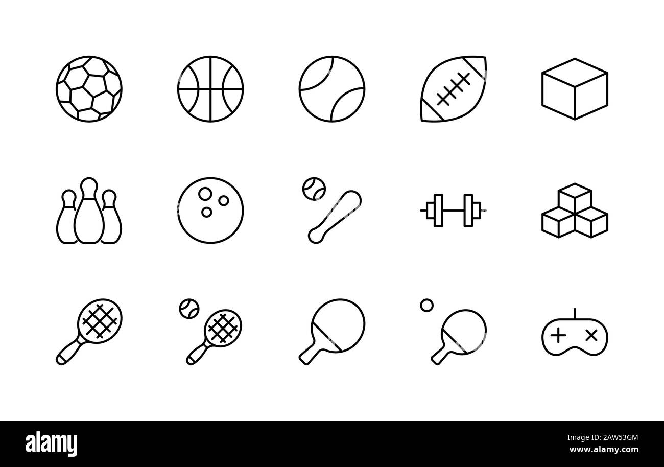 Set di palle sportive, hobby, intrattenimento vettori linea icone. Contiene simboli di calcio, basket, bowling, tennis e molto altro ancora. Modificabile Illustrazione Vettoriale