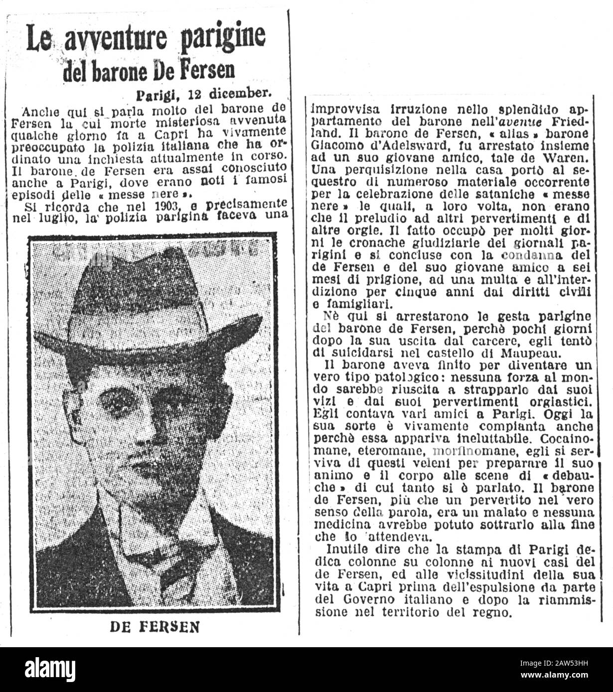 1923 , ITALIA : il poeta francese Conte FERSEN ( barone Jacques Adelsward , 1879 - 1926 ) sul giornale il GIORNALE D'ITALIA , 18 dicembre 1923 , af Foto Stock