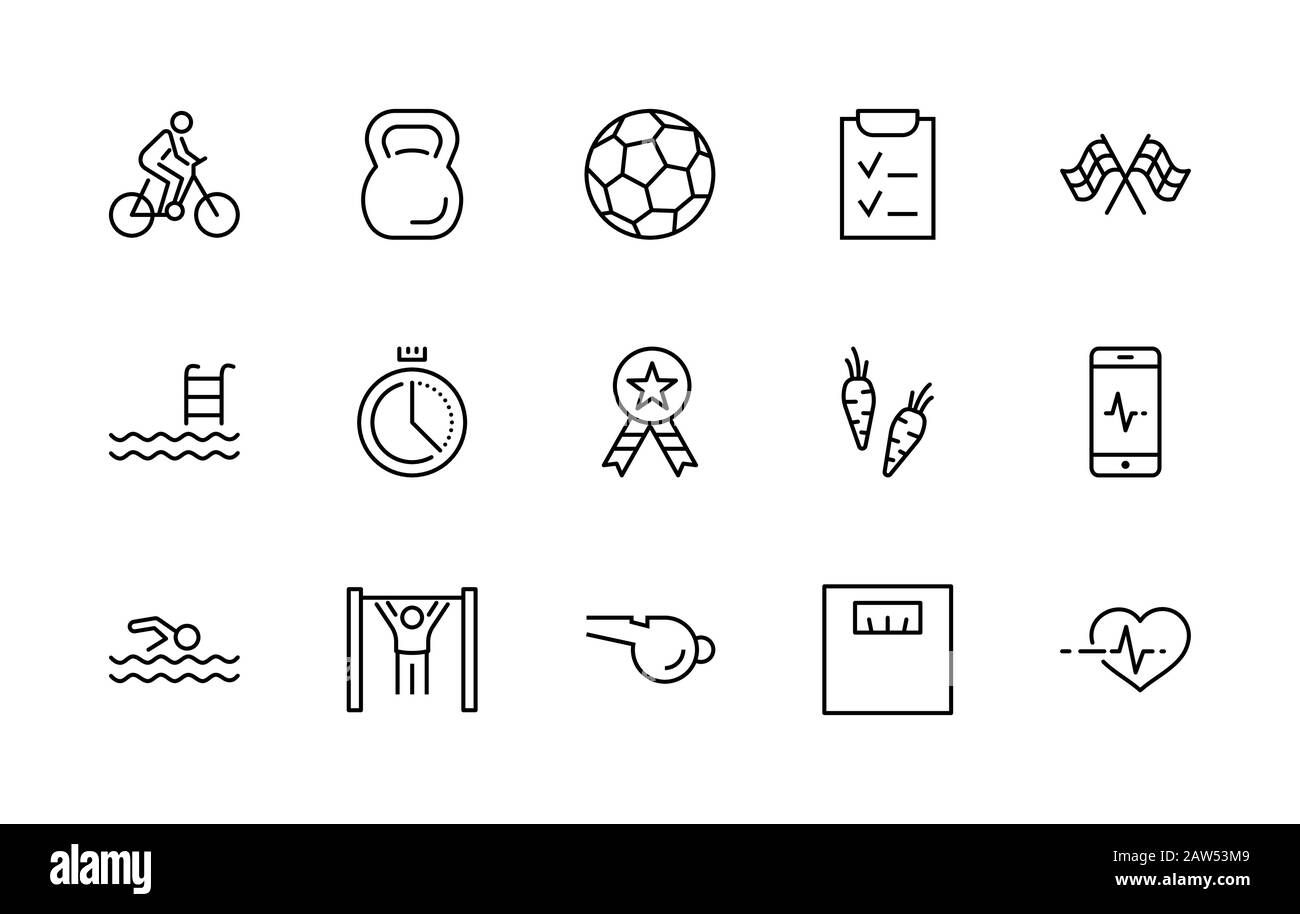 Set Di Icone Linea Vettoriale Fitness. Contiene Icone Come Ciclismo, Kettlebell Sport, Palla Da Calcio, Heartbeat, Allenamento, Stopwatch, Timer, Dieta Plan Illustrazione Vettoriale