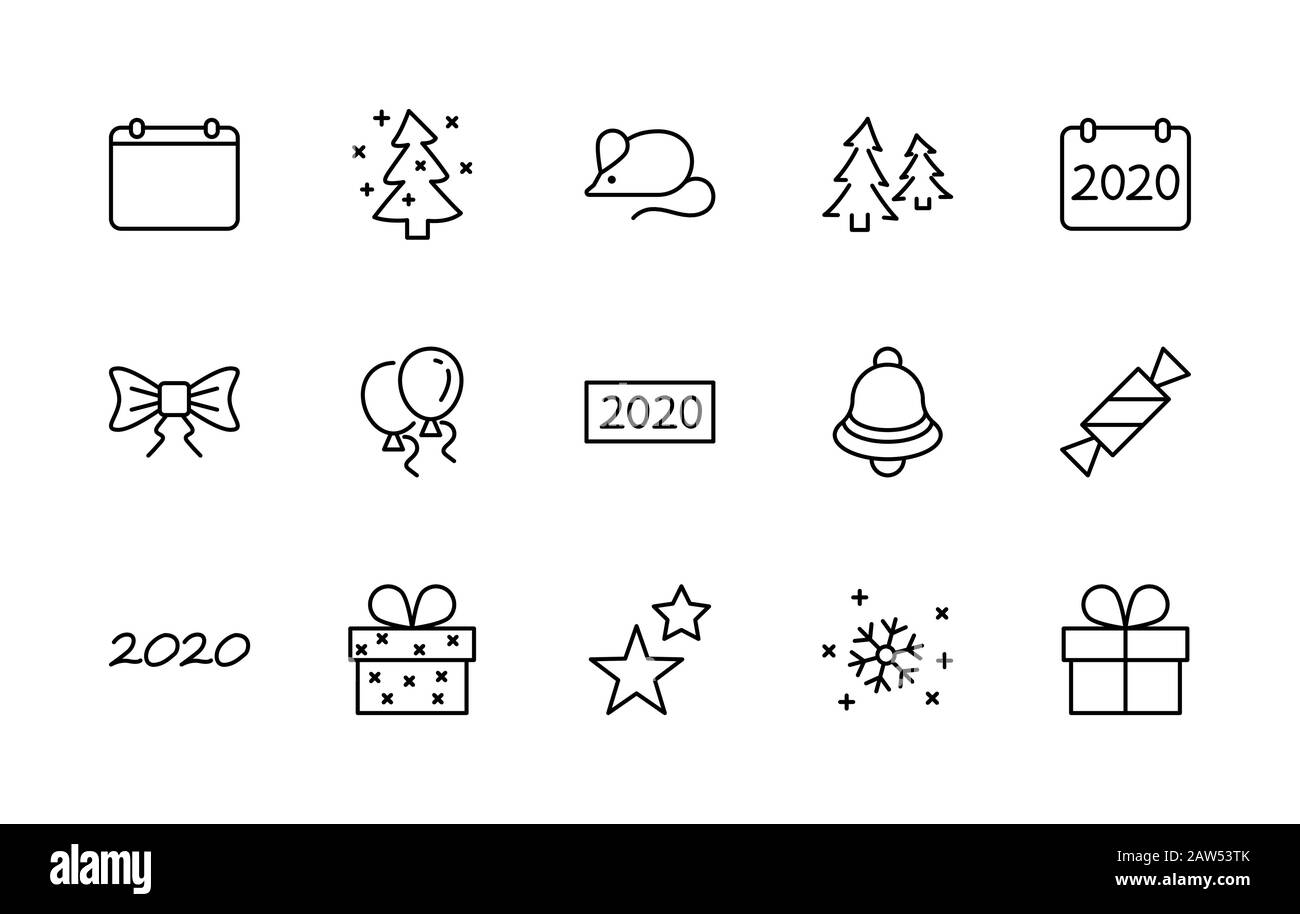 Felice Anno Nuovo Mouse. Icona Imposta linea vettore. Contiene Icone Come Mouse, Albero Di Natale, Calendario 2020, Bow, Balloons, Bell, Candy, Gift Box, Stars Illustrazione Vettoriale