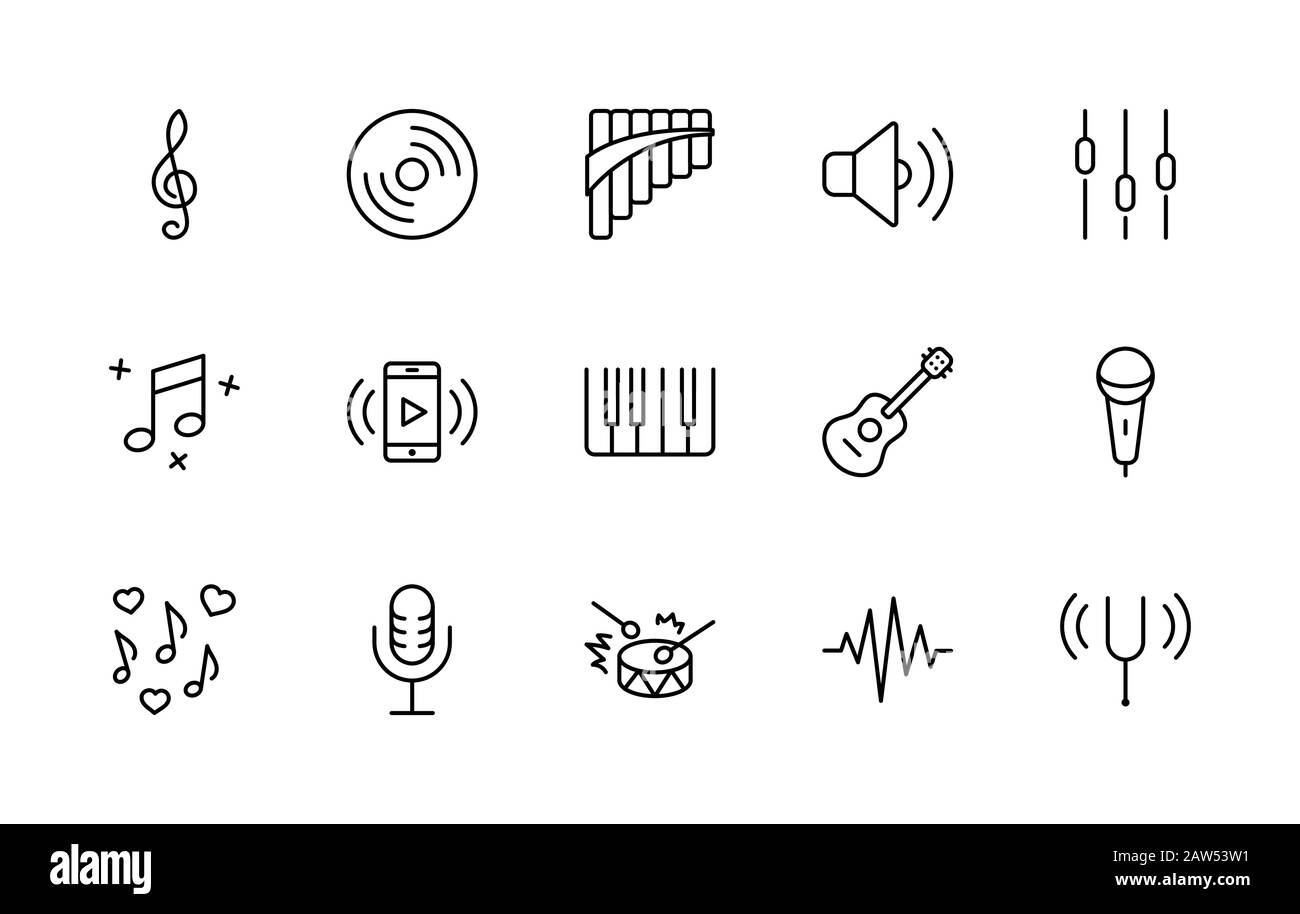 Set Di Icone Della Linea Vettoriale Correlate Alla Musica. Contiene icone come Pan Flute, piano, chitarra, Treble Clef, in-ear e molto altro. Traccia Modificabile. 32x32 Pixel Illustrazione Vettoriale