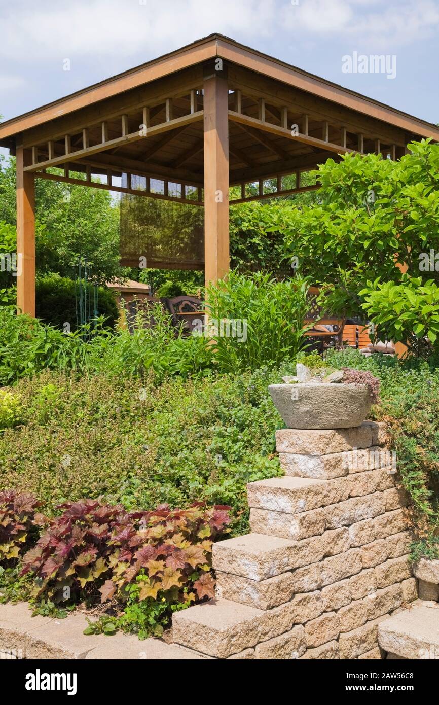 Bordo in pietra rialzato con Heuchera - fiori di corallo e gazebo in legno marrone in giardino privato cortile a fine primavera. Foto Stock