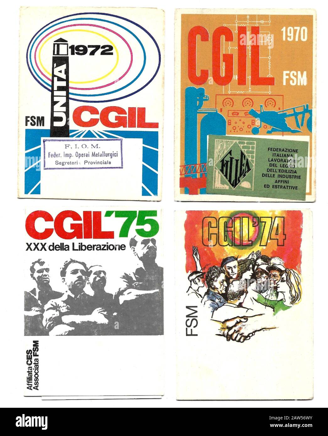 Il partito comunista, la sottoscrizione italiana della Confederazione Generale Italiana del lavoro (CGIL) CARDS 1970, 1972, 1974 e 1975. Anteriore Foto Stock