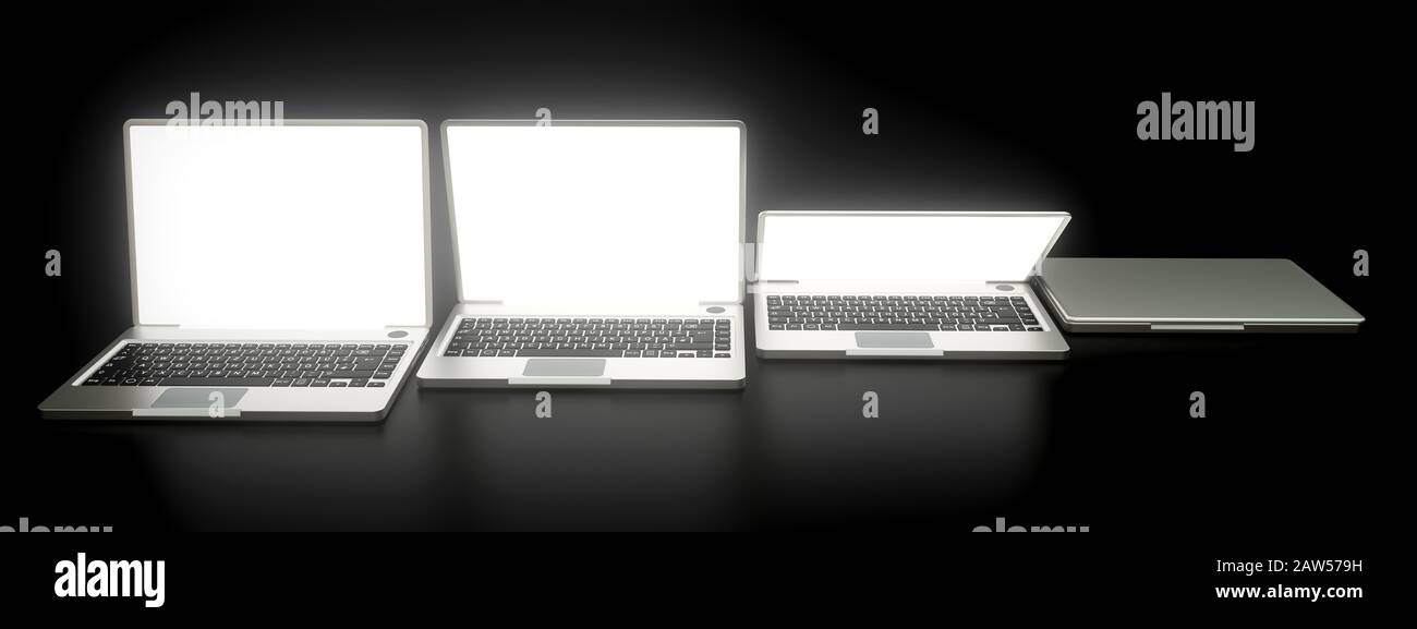 Alcuni notebook su una superficie nera con schermi luminosi - rendering 3D Foto Stock