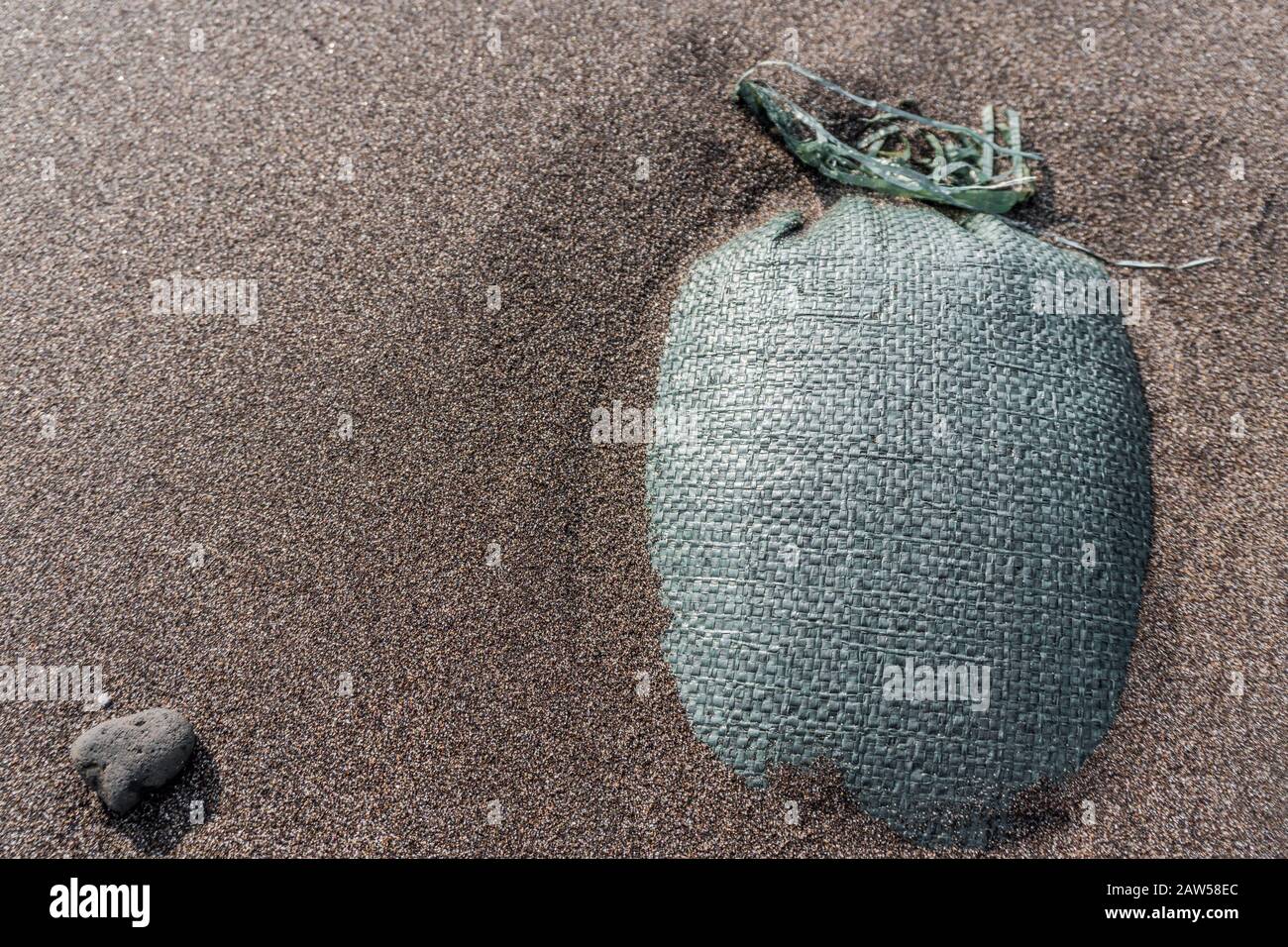 Borsa nascosta sulla spiaggia. Sabbia nera intorno alla strana borsa. Oggetto molto sospetto. Foto Stock