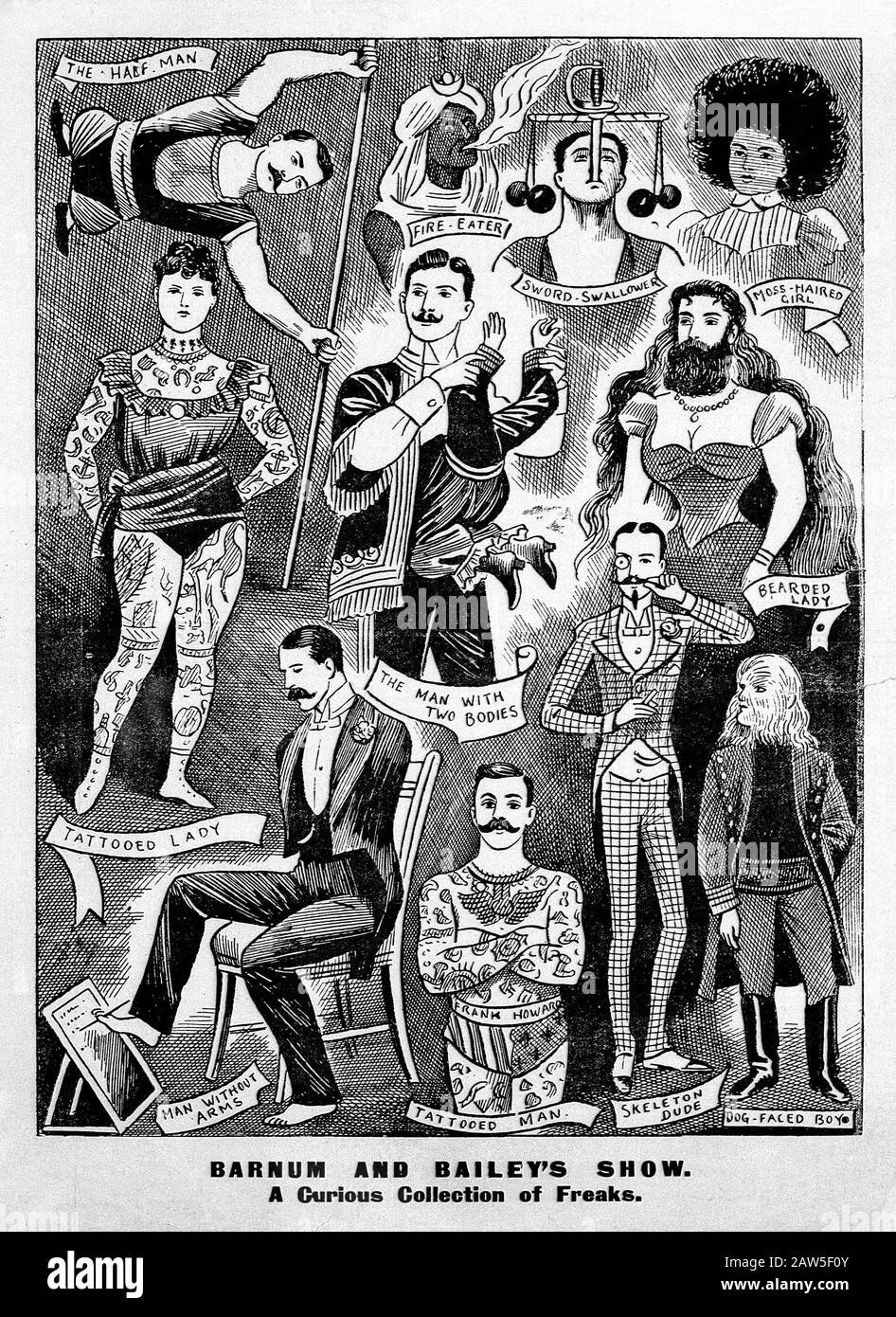 1899 ca , USA : Barnum e Bailey's show , una curiosa collezione di freaks . Mostra varie figure come la lady bearded , Tattooed Man , Skeleton Dud Foto Stock